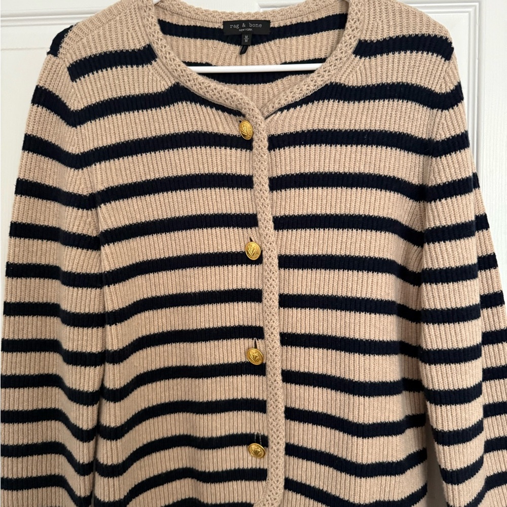 rag & bone Striped Beige and Black Knit Cardigan with Gold Buttons - Picture 2 of 7